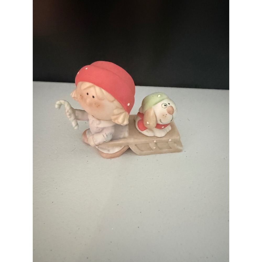 Vintage Bumpkins Fabrizio George Good Ceramic Figurine Girl Dog Sled Candy Cane